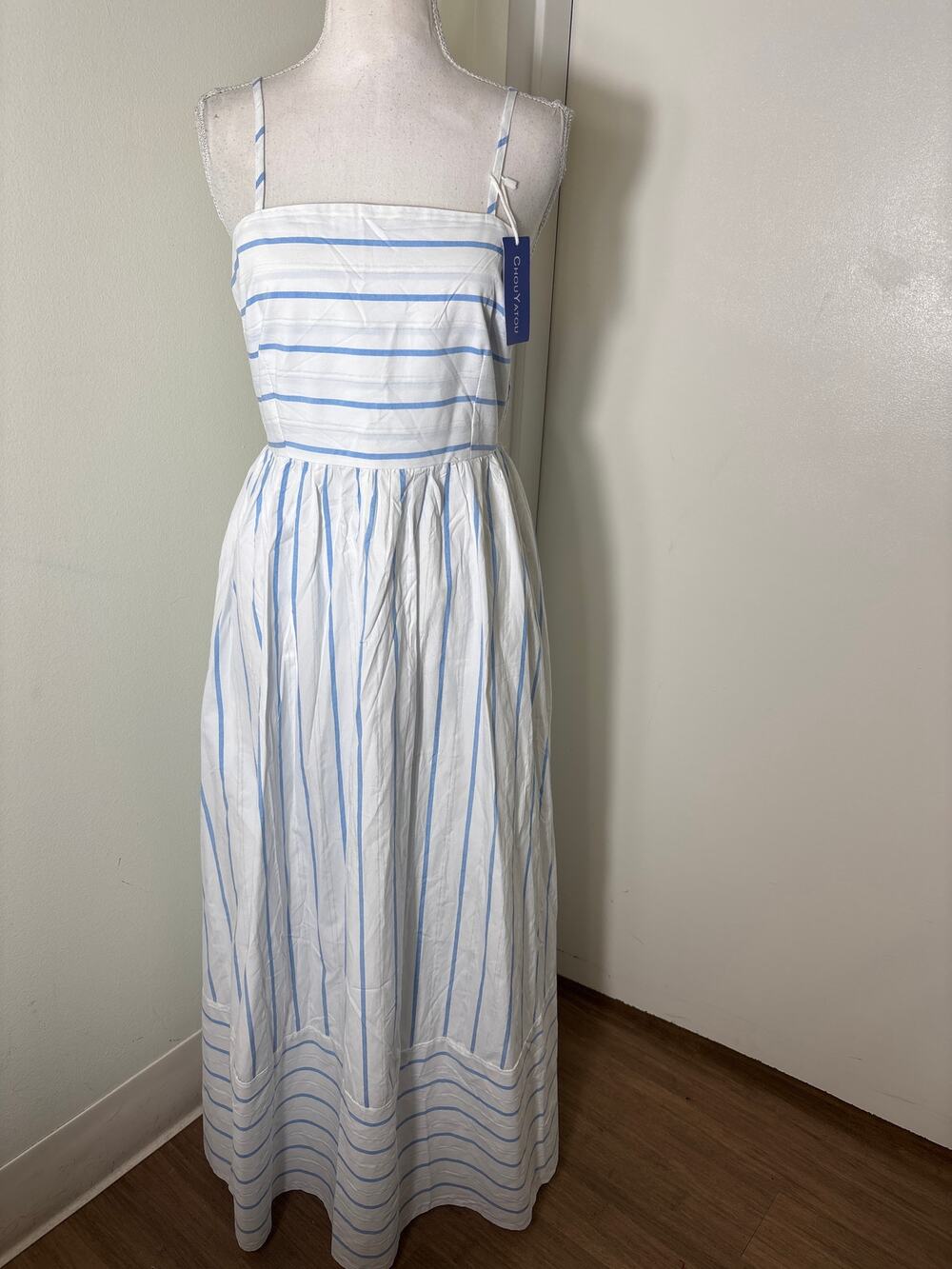 NWT Chou Yatou White Blue Stripe Cotton Maxi Dress Sz M